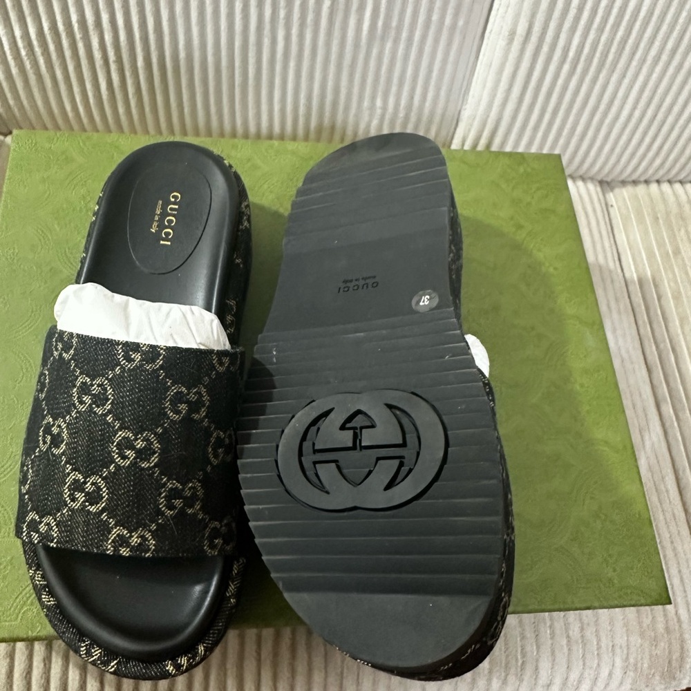 Gucci Black and Gold Patterned Slides - Picture 2 of 7